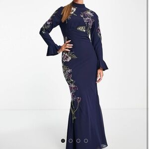 ASOS DESIGN floral embellished maxi dress with flared cuff detail in navy